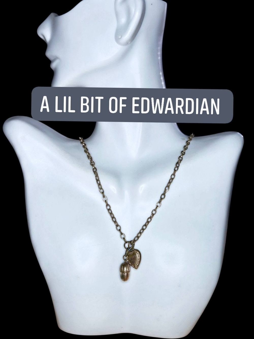Antique Victorian Edwardian Brass Heart & Acorn Charm/Fob/Pendant Necklace